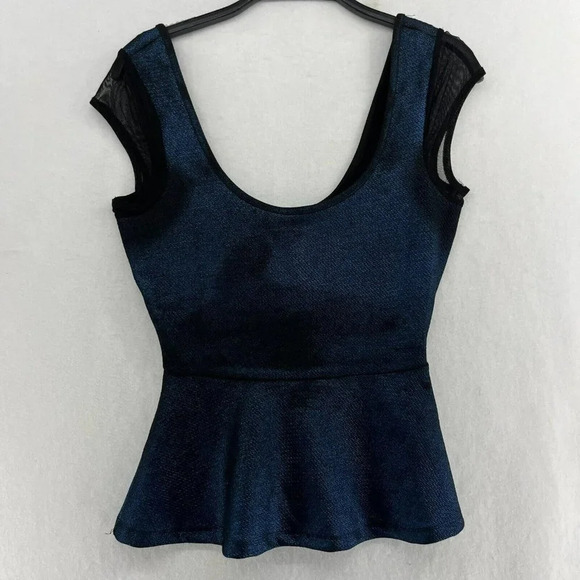 BEBE Blouse Womens XS Blue Black Lace Trim  Scoop Neck Cap Sleeve Zip Up Peplum - Picture 1 of 13